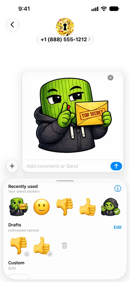 The sticker sits in the iMessage field, ready to send; the conversation above is still empty.